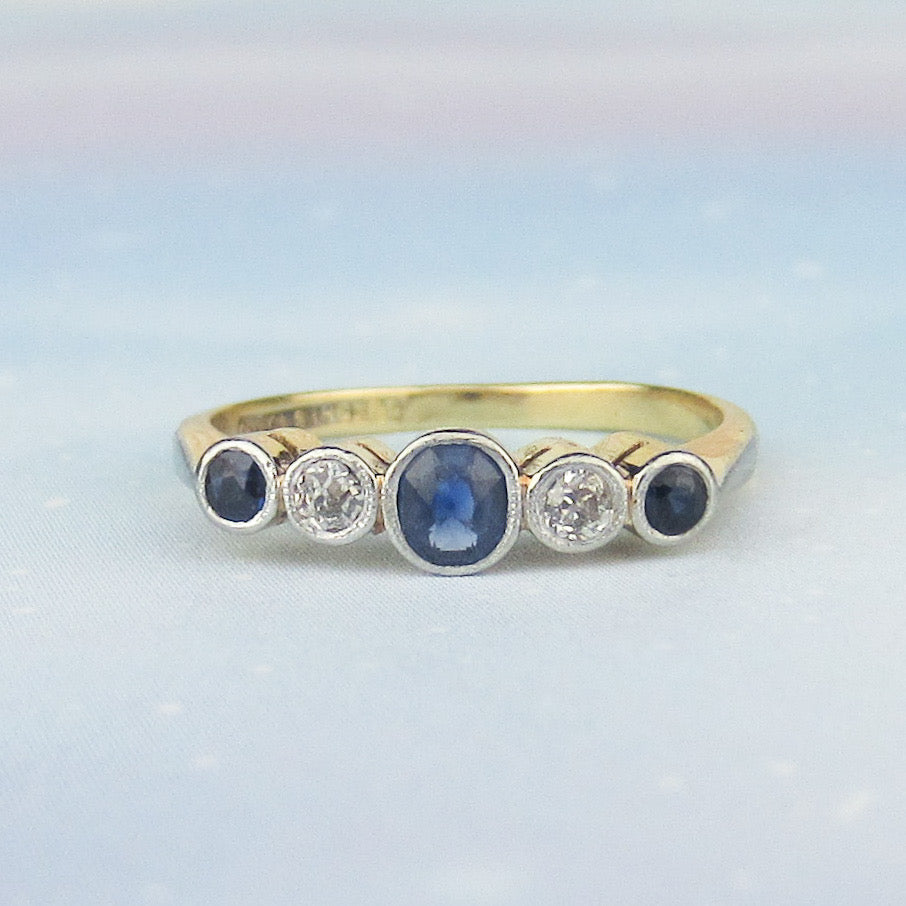 SOLD--Edwardian Bezel Set Sapphire and Old European Diamond Band Platinum/18k c. 1915