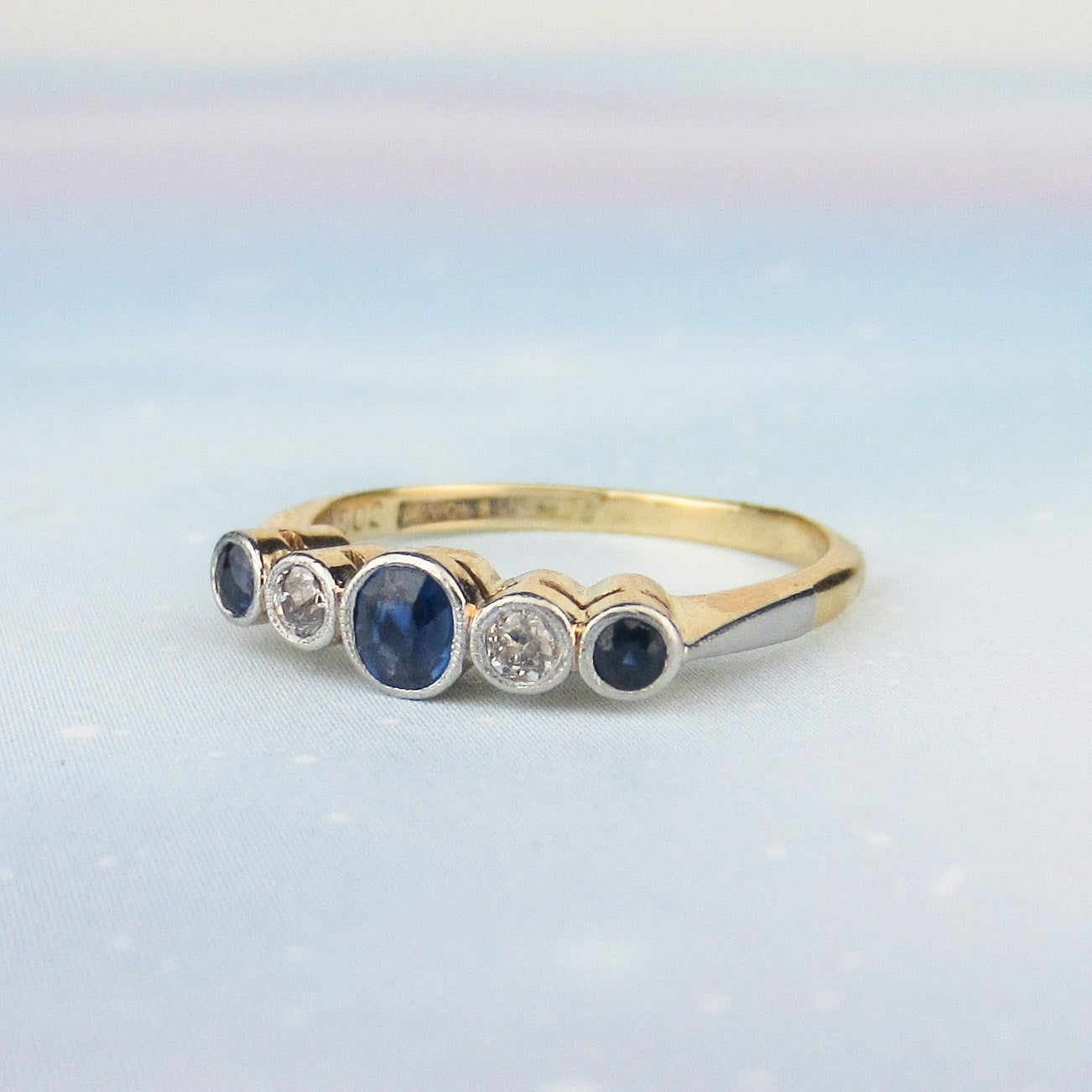 SOLD--Edwardian Bezel Set Sapphire and Old European Diamond Band Platinum/18k c. 1915