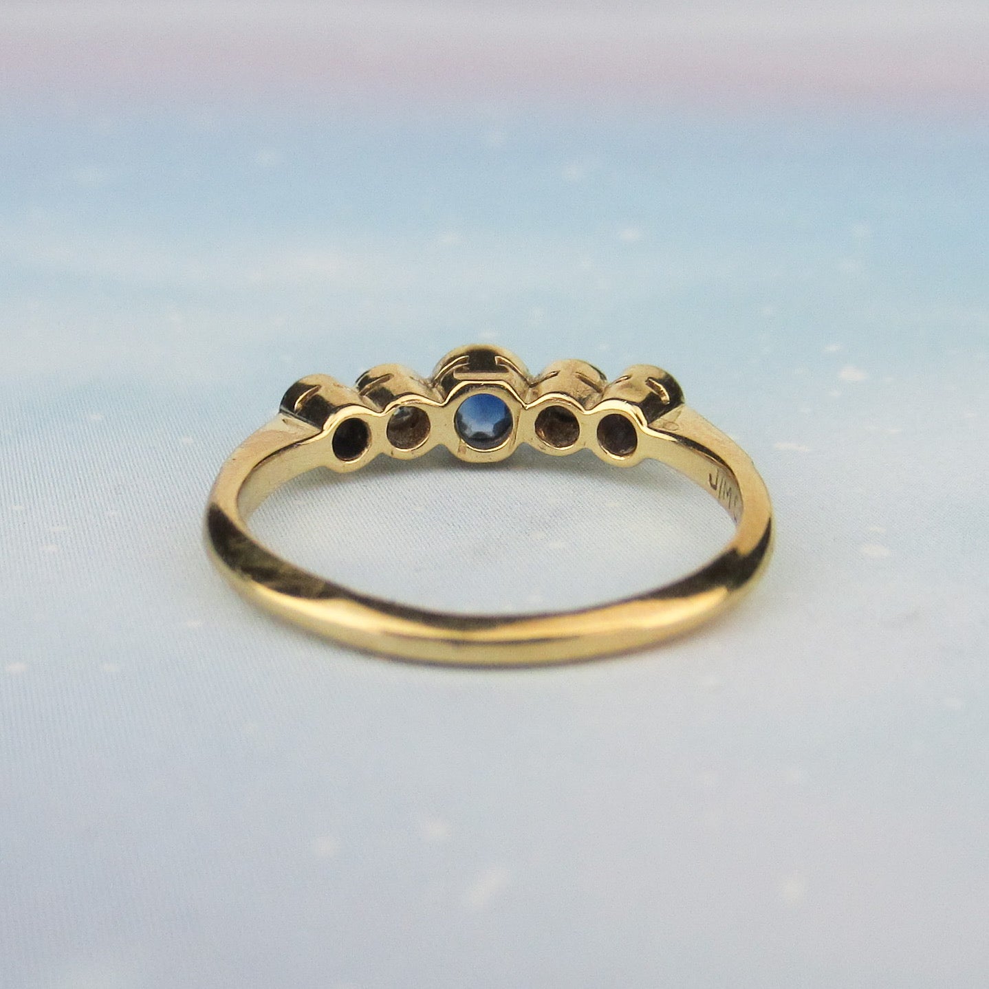 SOLD--Edwardian Bezel Set Sapphire and Old European Diamond Band Platinum/18k c. 1915