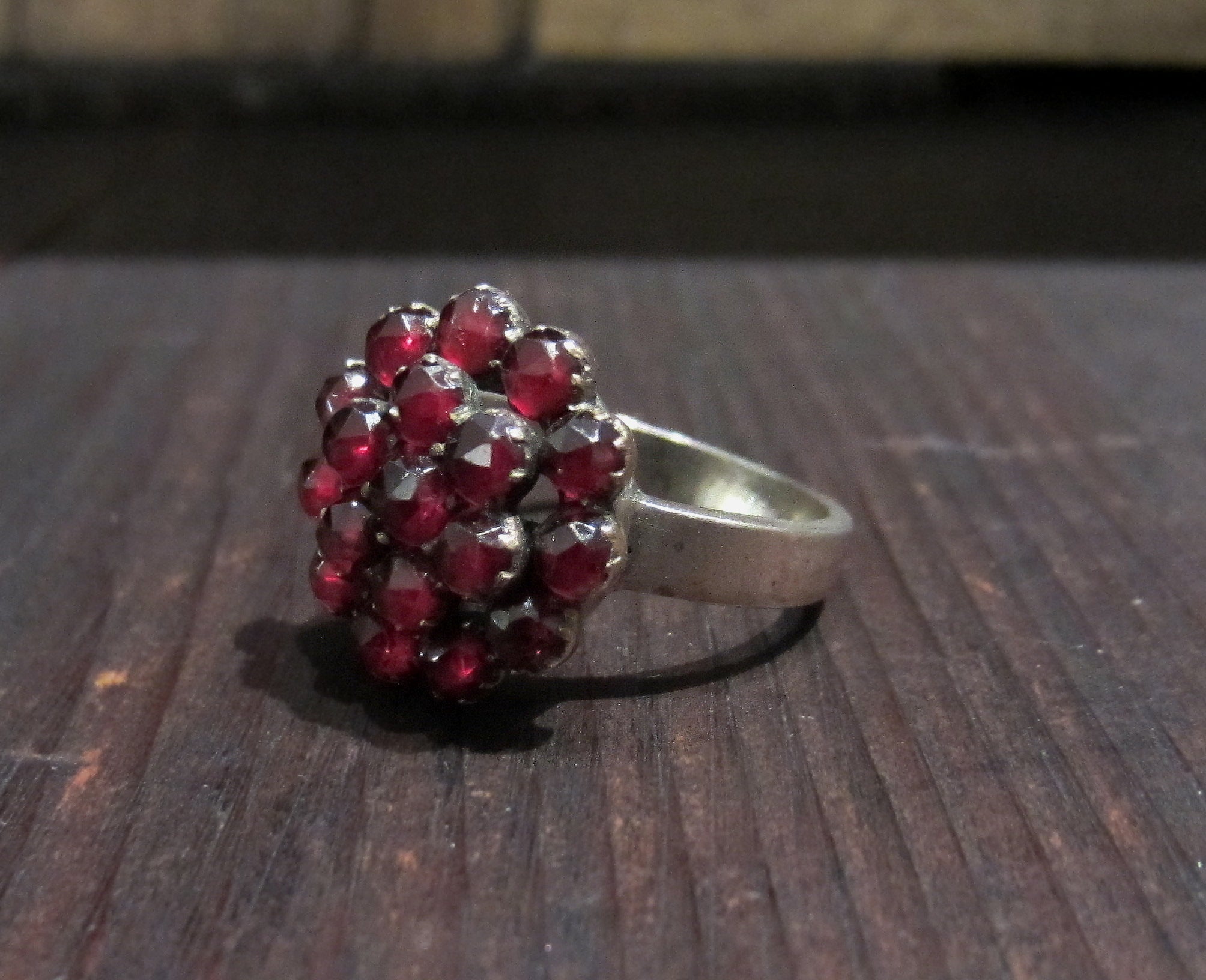 Bohemian Garnet Sterling Silver Ring – Rhodium Plated Cluster Ring, Size 5.5, Genuine Czech Garnet
