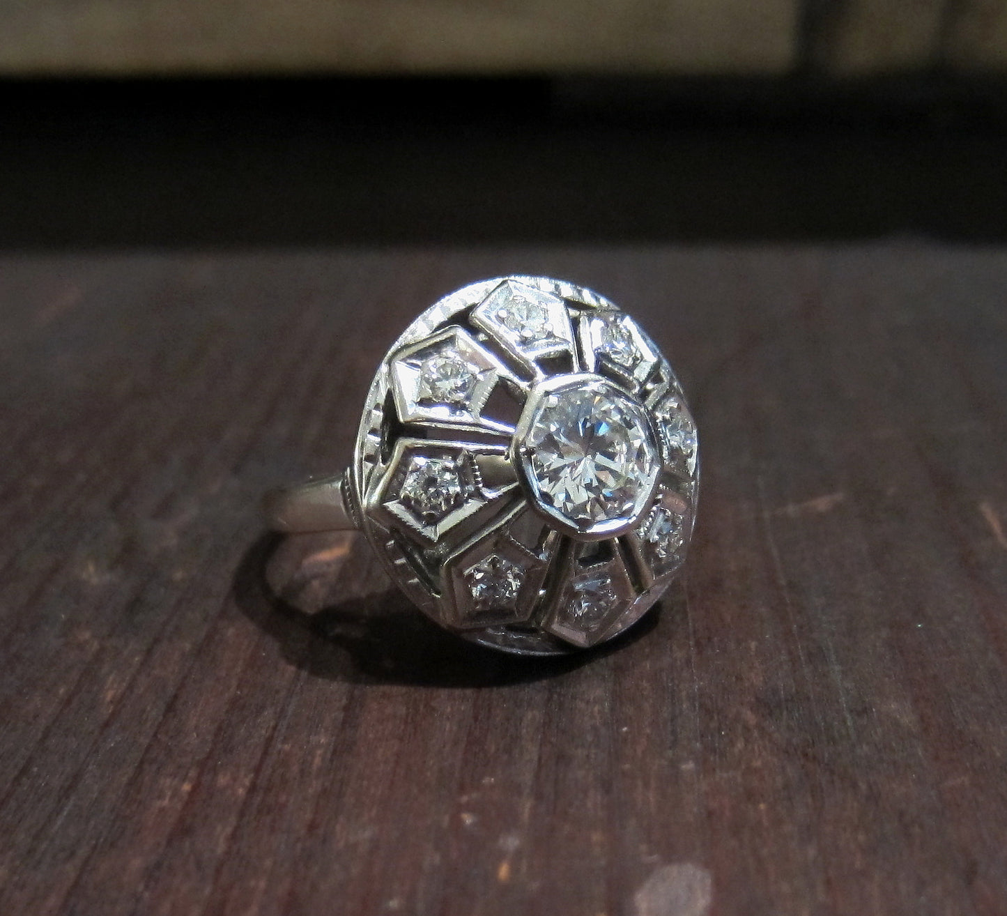 Late Deco/Early Retro Diamond Star Flower Ring 14k c. 1940