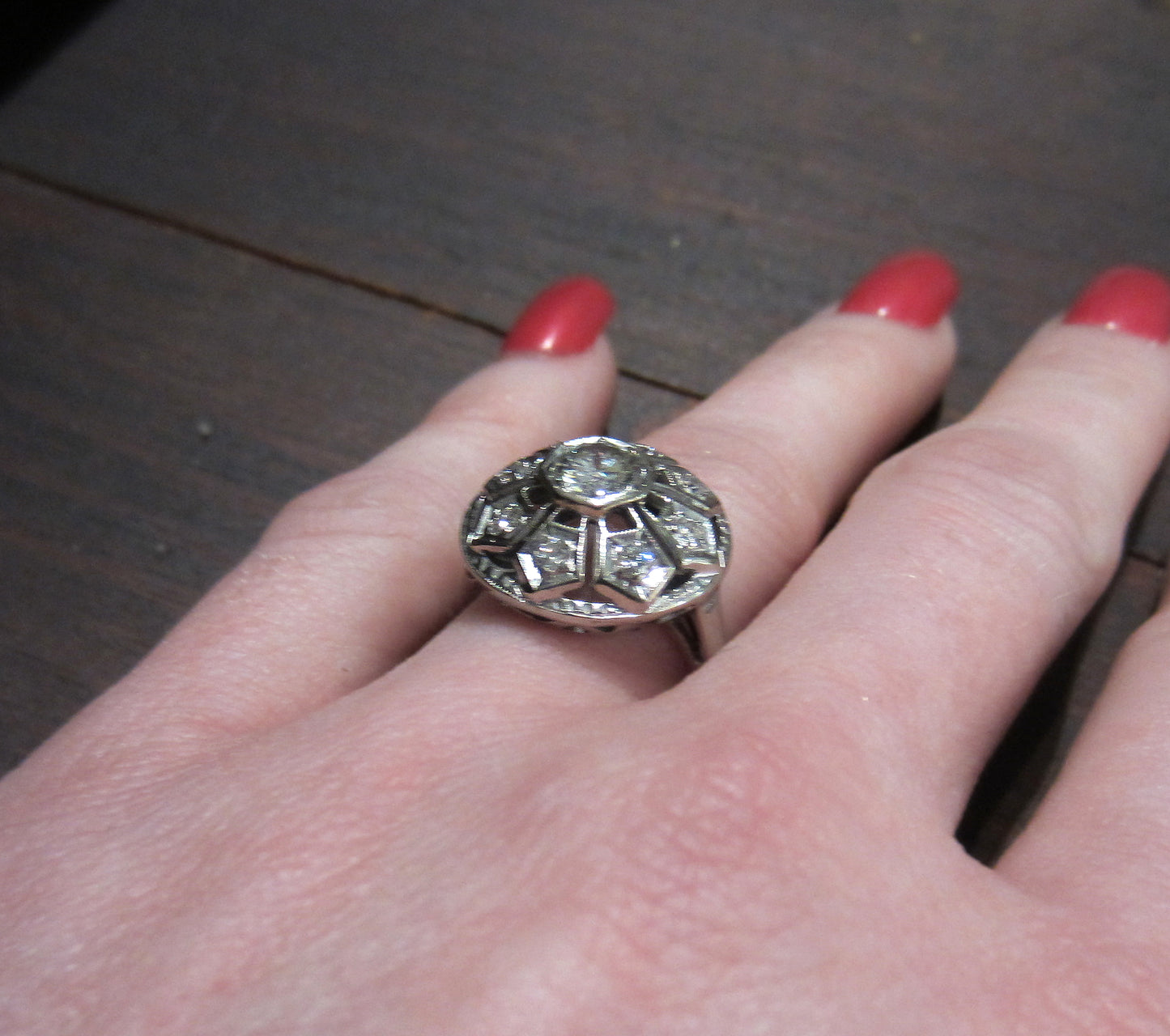 Late Deco/Early Retro Diamond Star Flower Ring 14k c. 1940