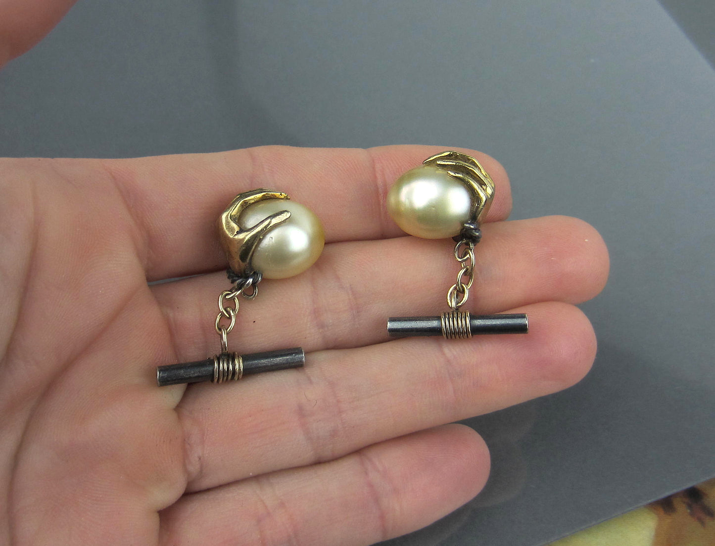 SOLD--Mid-Century Hand Holding a Pearl Egg Cufflinks 18k and Sterling c. 1960