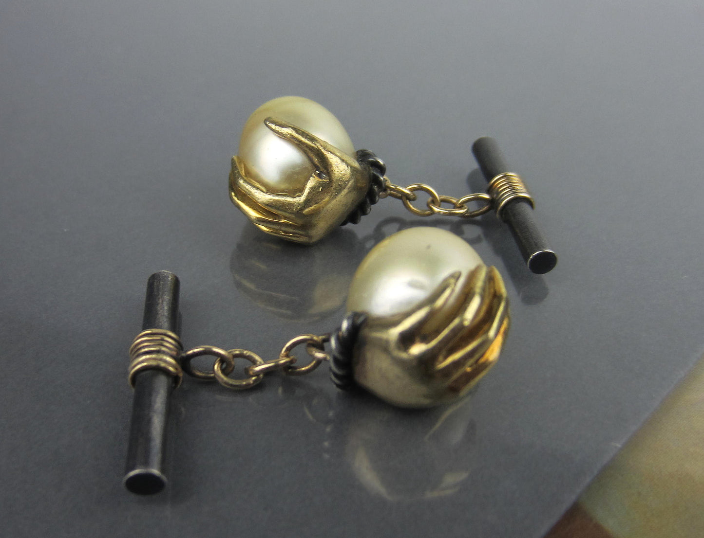 SOLD--Mid-Century Hand Holding a Pearl Egg Cufflinks 18k and Sterling c. 1960