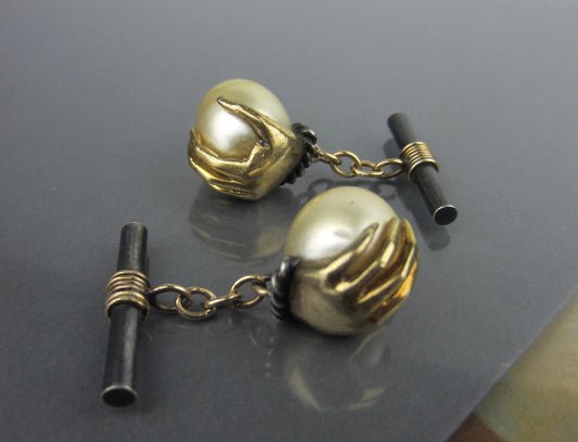 SOLD--Mid-Century Hand Holding a Pearl Egg Cufflinks 18k and Sterling c. 1960