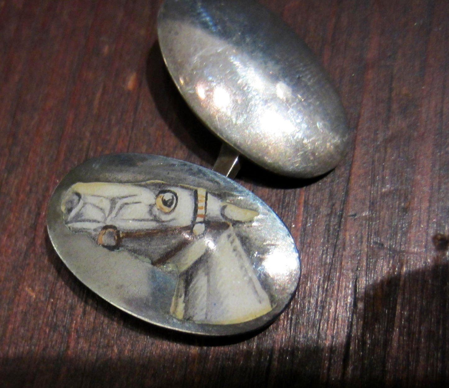 Victorian Hand-Enameled Horse Cufflinks Sterling, French c. 1900