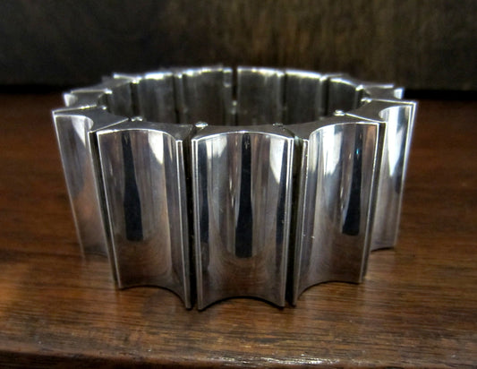 SOLD--Heavy and Wide Modernist Articulated Taxco Bracelet Sterling, Mexico c. 1970