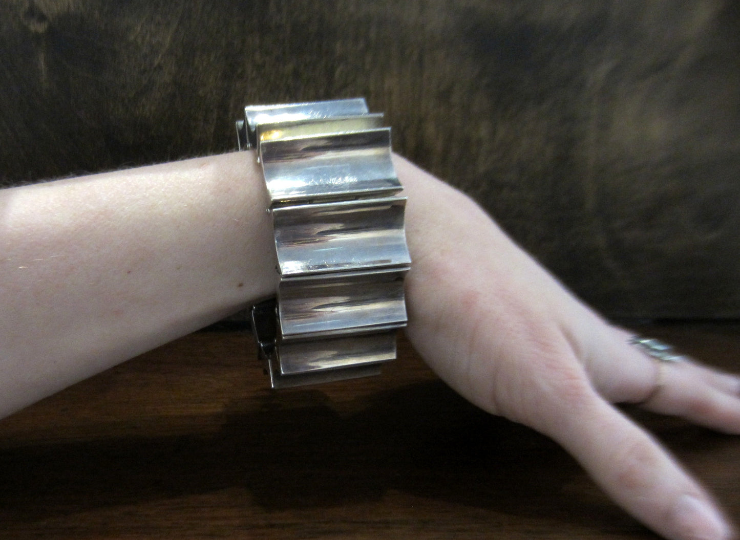 SOLD--Heavy and Wide Modernist Articulated Taxco Bracelet Sterling, Mexico c. 1970