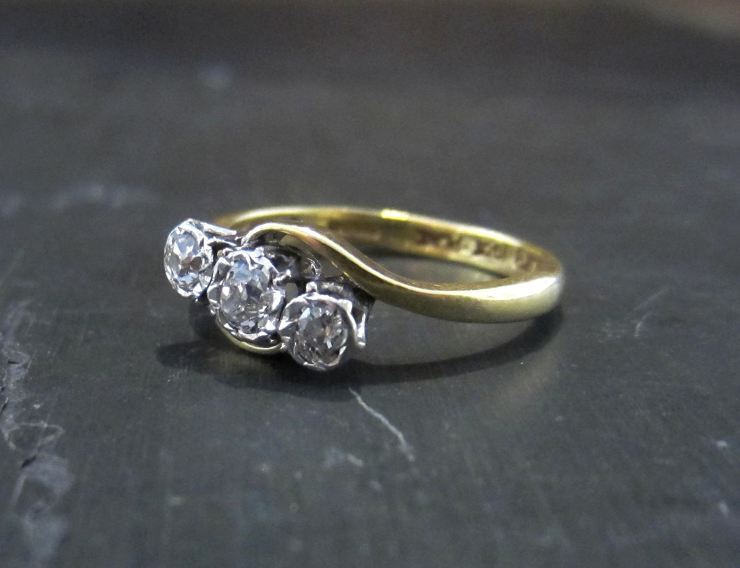 SOLD--Edwardian Three Old Mine Cut Diamond Ring Platinum/18k c. 1910