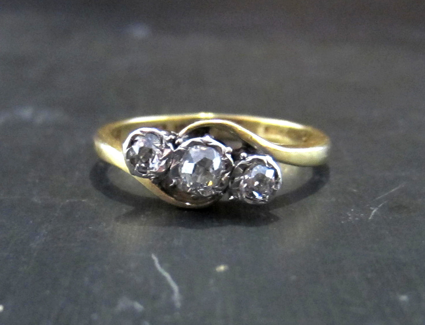 SOLD--Edwardian Three Old Mine Cut Diamond Ring Platinum/18k c. 1910