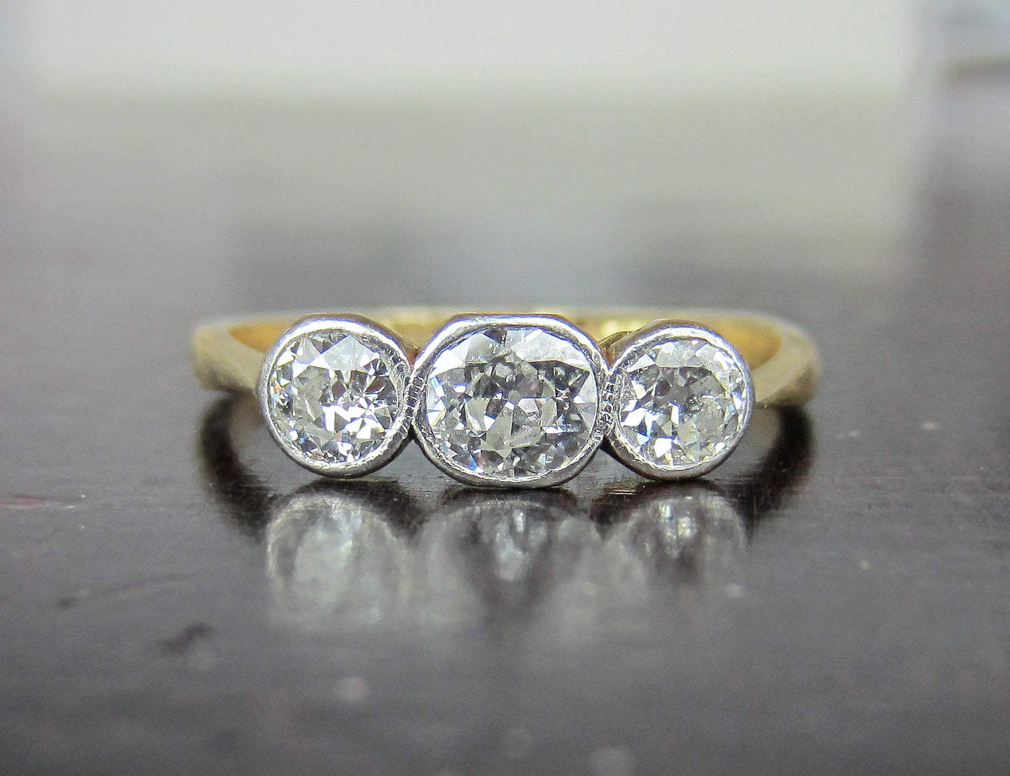 Sold-Edwardian Bezel Set Three Old European Diamond Ring Platinum/18k c. 1910