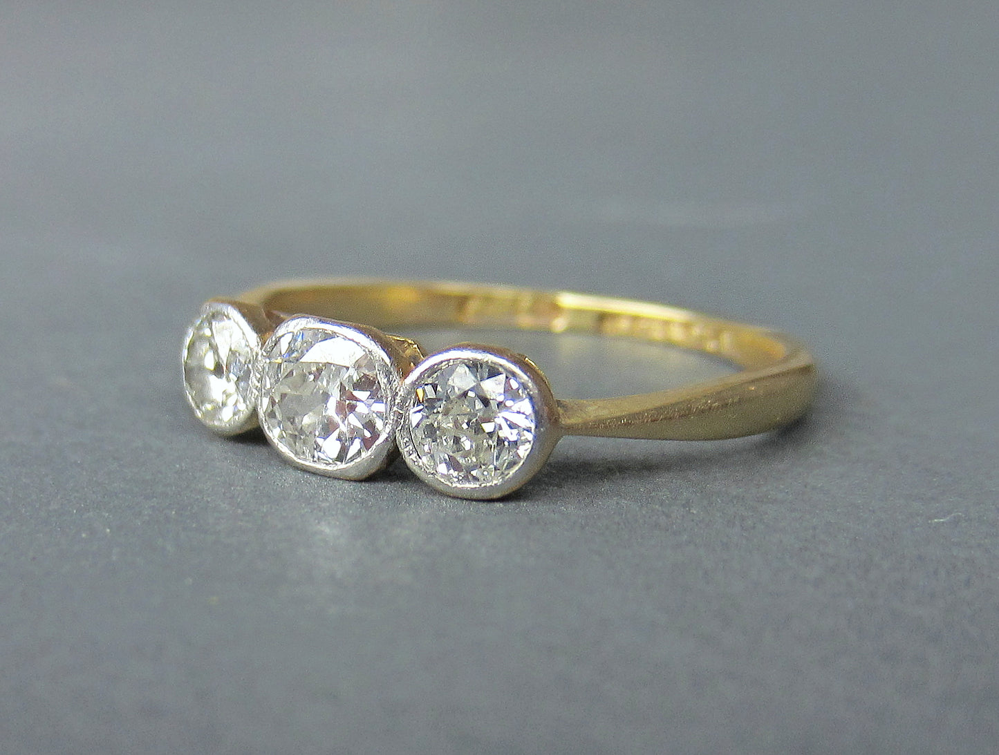 Sold-Edwardian Bezel Set Three Old European Diamond Ring Platinum/18k c. 1910