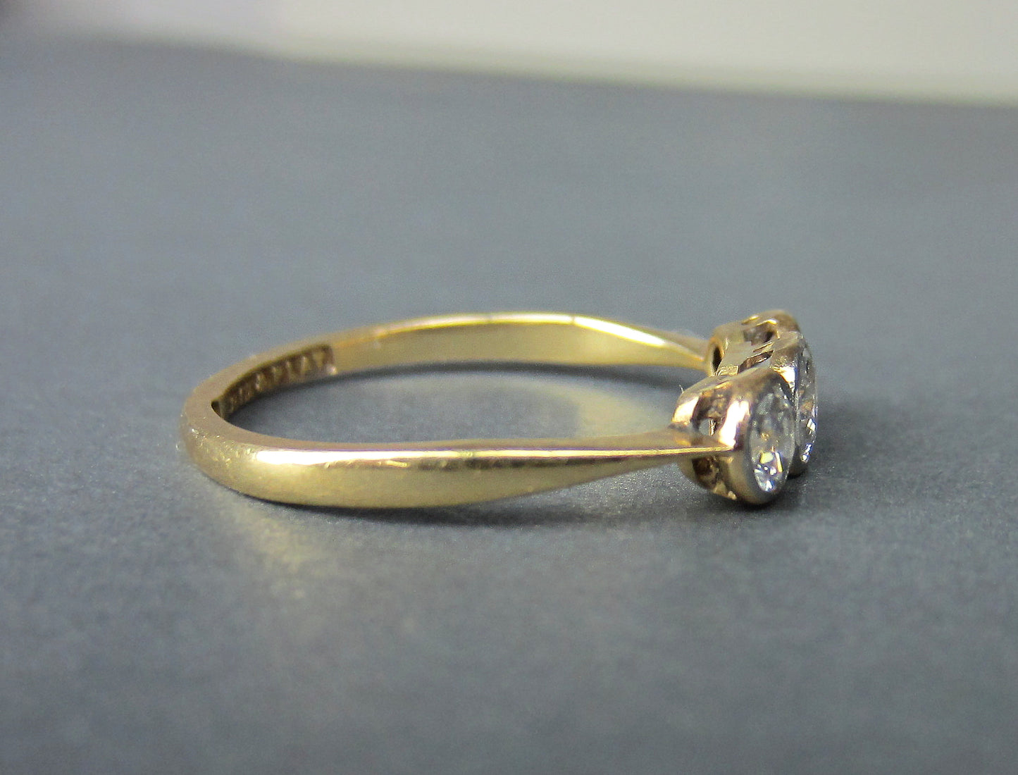 Sold-Edwardian Bezel Set Three Old European Diamond Ring Platinum/18k c. 1910