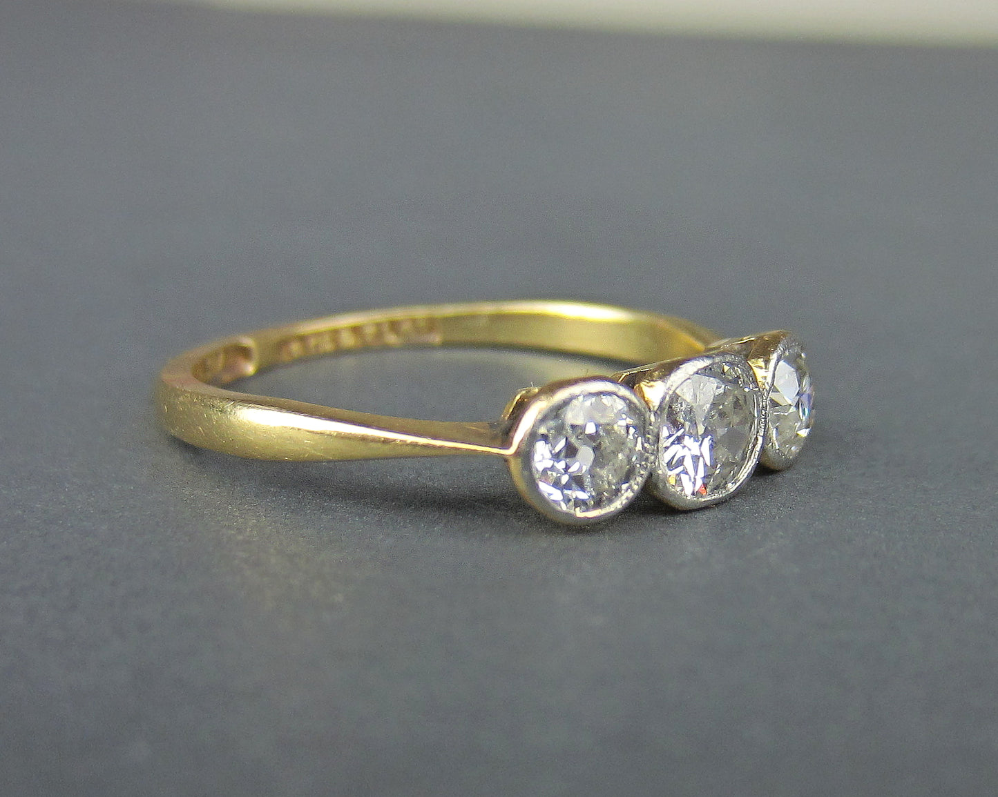 Sold-Edwardian Bezel Set Three Old European Diamond Ring Platinum/18k c. 1910