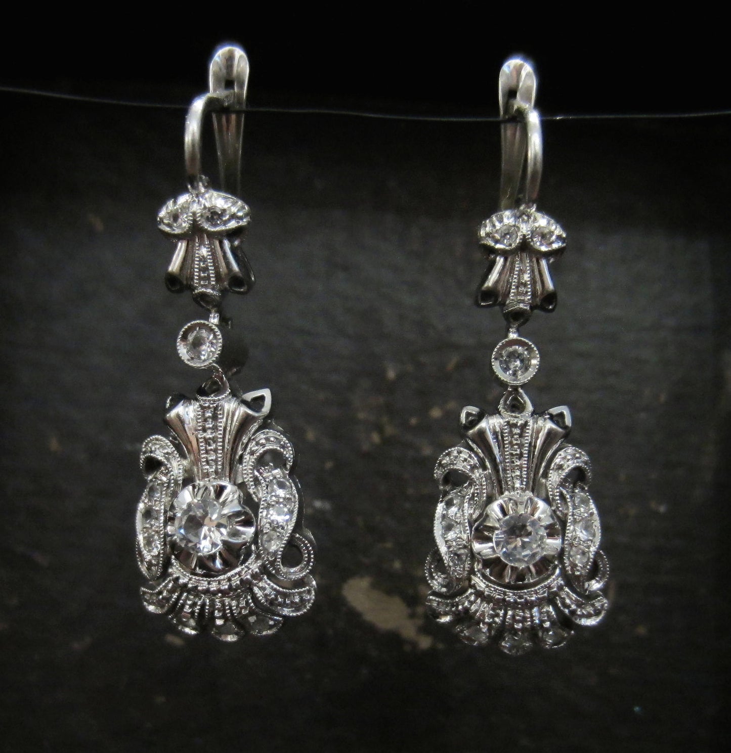 SOLD--Mid-Century White Spinel Drop Earrings 18k c. 1950