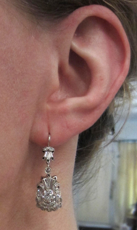 SOLD--Mid-Century White Spinel Drop Earrings 18k c. 1950