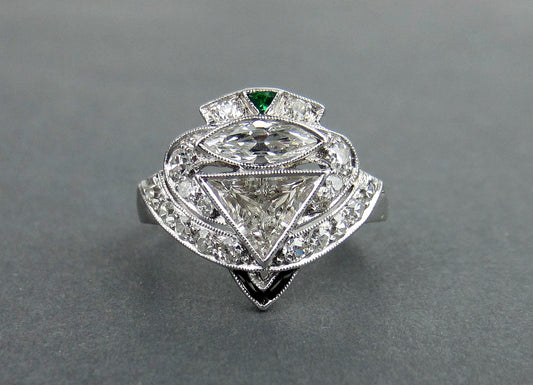Art Deco Triangular Step Cut and Marquise Cut Diamond Ring Platinum c. 1930