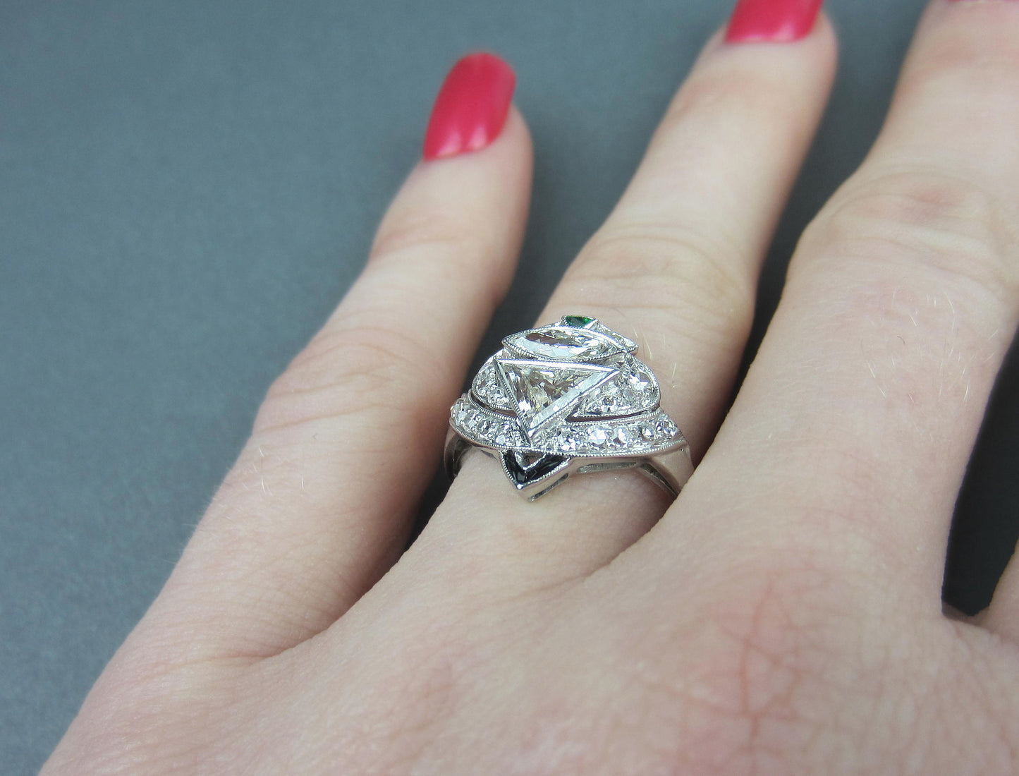 Art Deco Triangular Step Cut and Marquise Cut Diamond Ring Platinum c. 1930