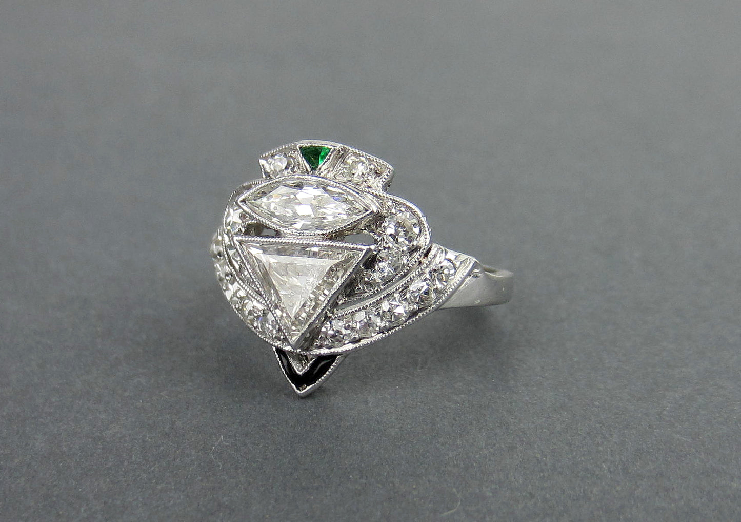 Art Deco Triangular Step Cut and Marquise Cut Diamond Ring Platinum c. 1930