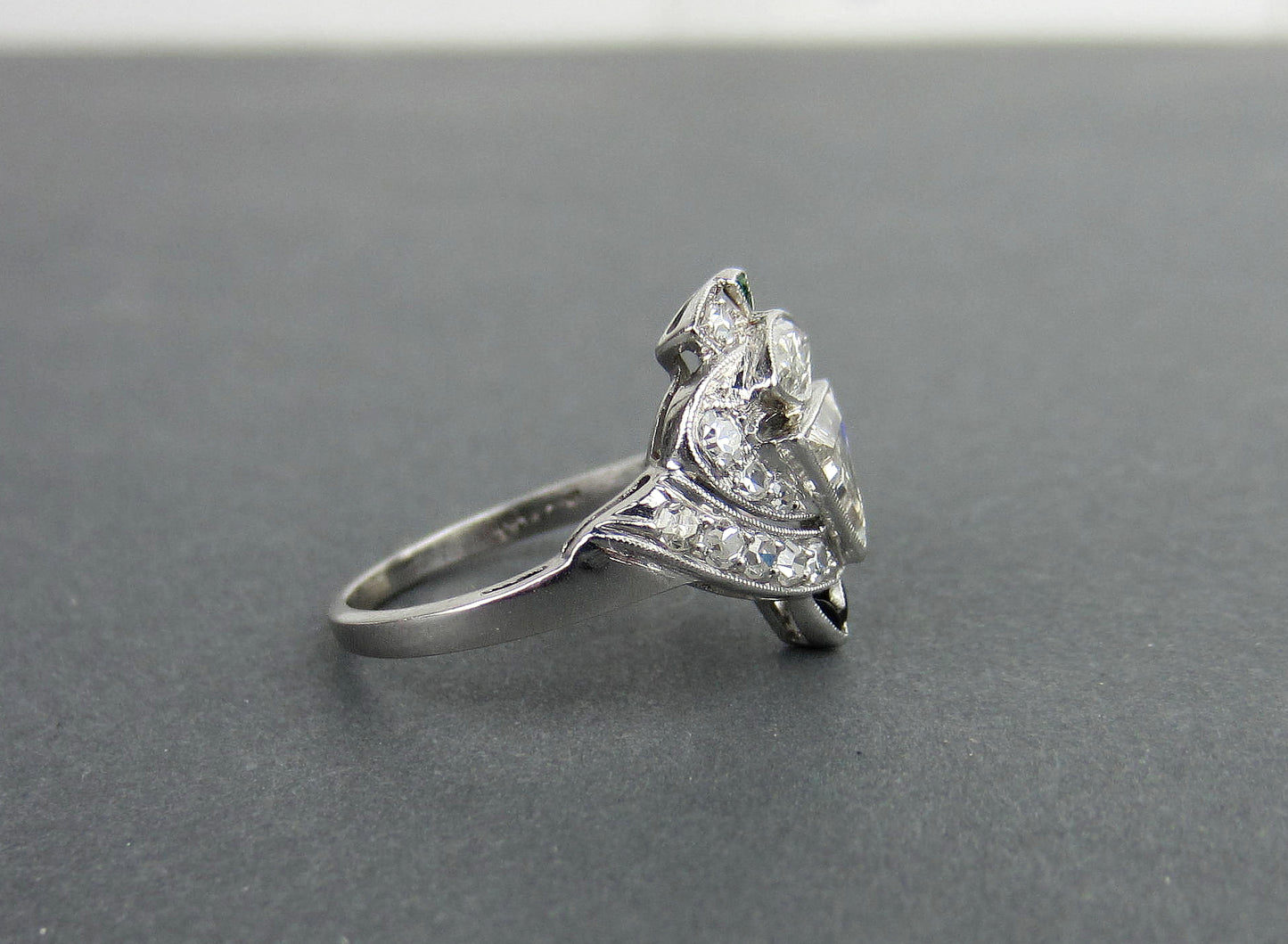 Art Deco Triangular Step Cut and Marquise Cut Diamond Ring Platinum c. 1930