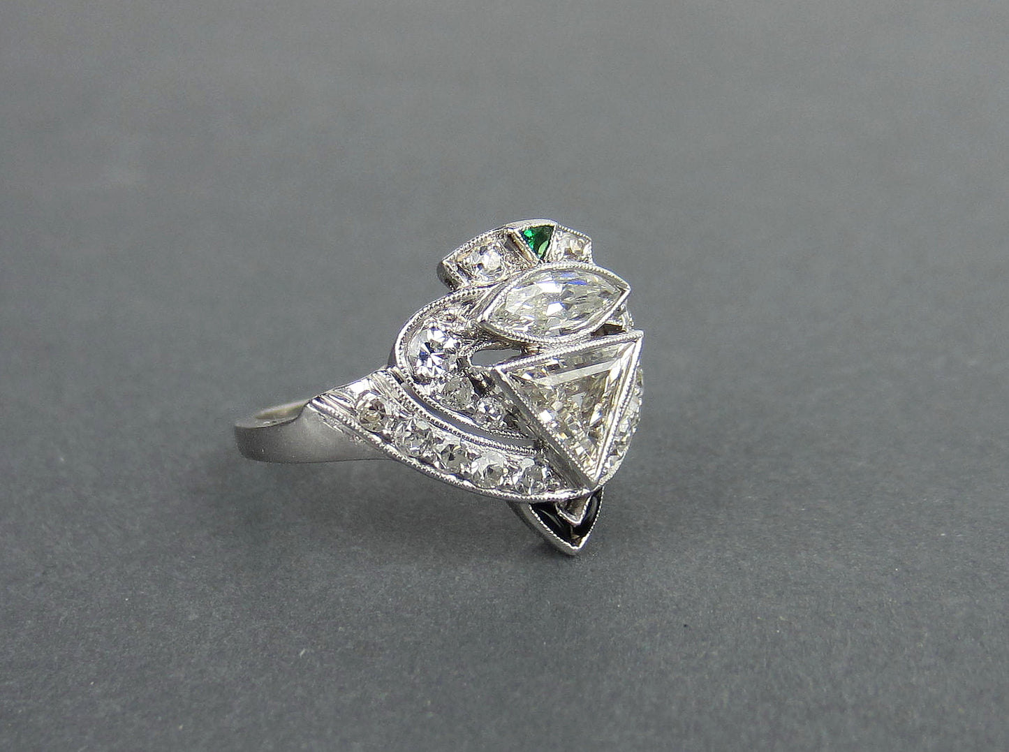 Art Deco Triangular Step Cut and Marquise Cut Diamond Ring Platinum c. 1930