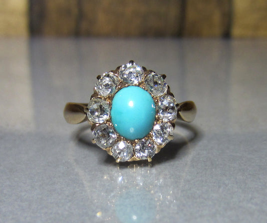 SOLD--Victorian Turquoise and Old Mine Diamond Cluster Ring 14k c. 1890