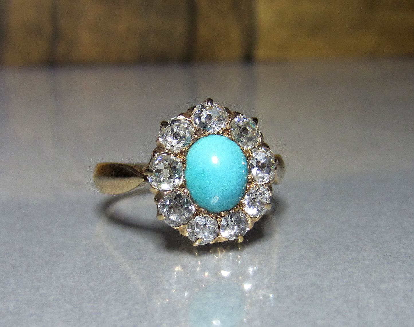 SOLD--Victorian Turquoise and Old Mine Diamond Cluster Ring 14k c. 1890