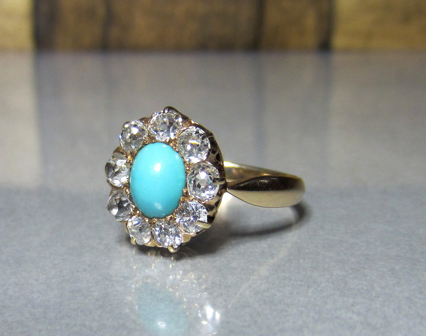 SOLD--Victorian Turquoise and Old Mine Diamond Cluster Ring 14k c. 1890