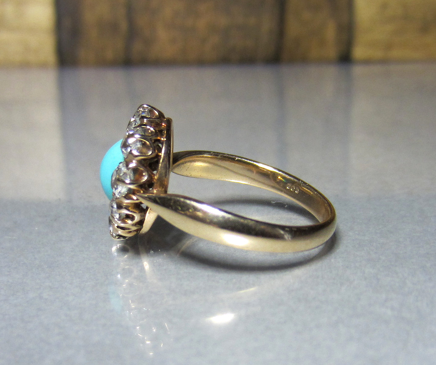 SOLD--Victorian Turquoise and Old Mine Diamond Cluster Ring 14k c. 1890