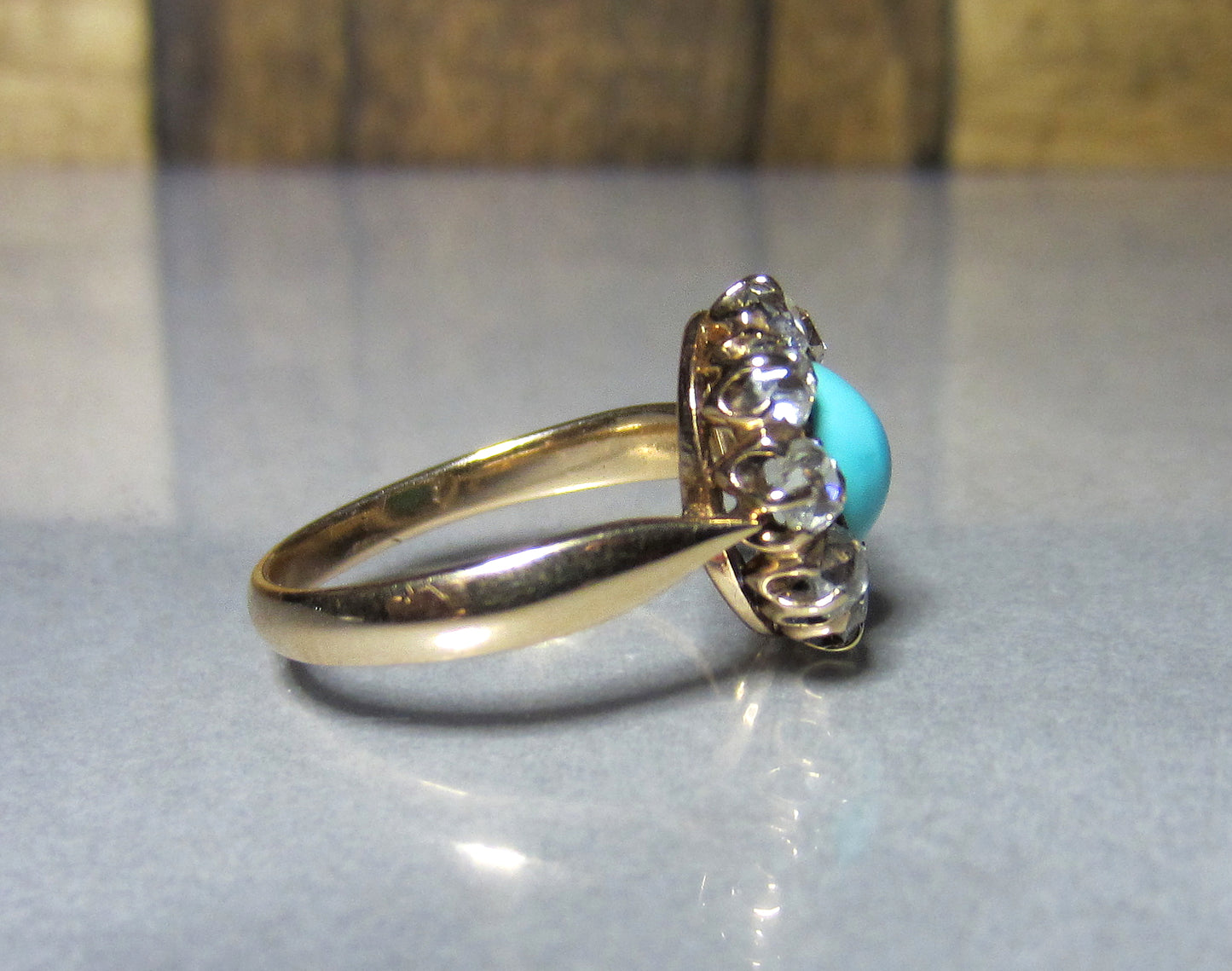 SOLD--Victorian Turquoise and Old Mine Diamond Cluster Ring 14k c. 1890