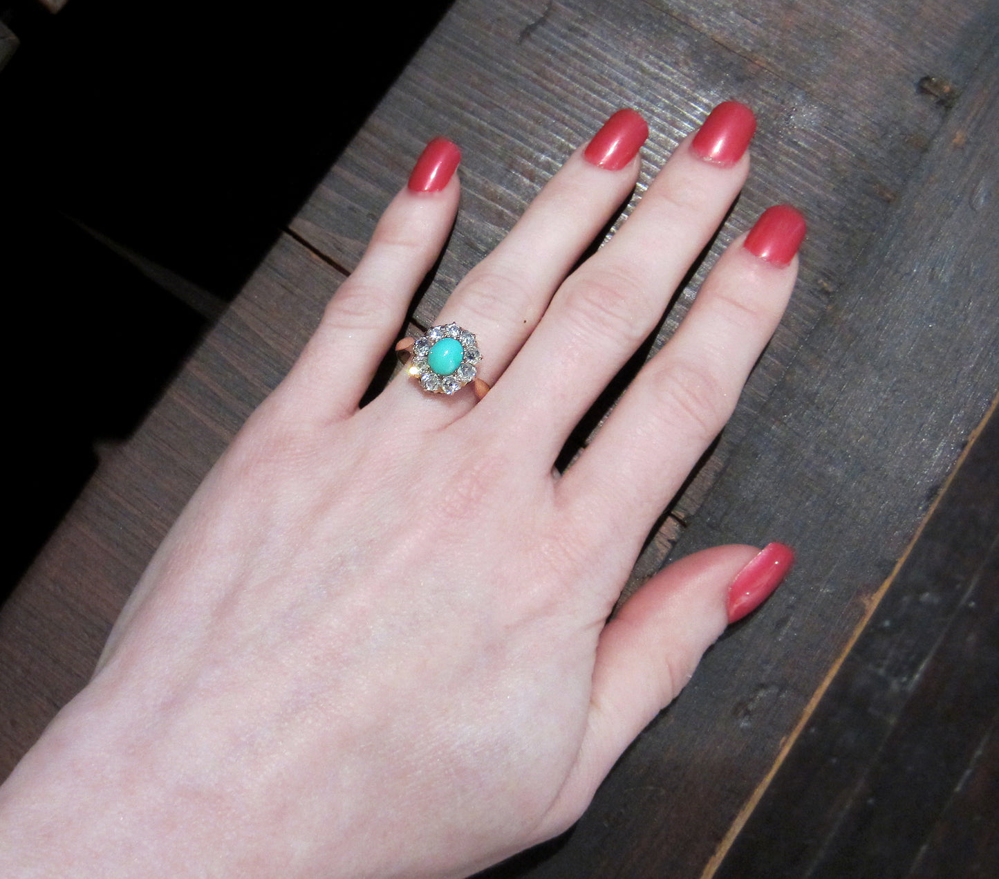 SOLD--Victorian Turquoise and Old Mine Diamond Cluster Ring 14k c. 1890