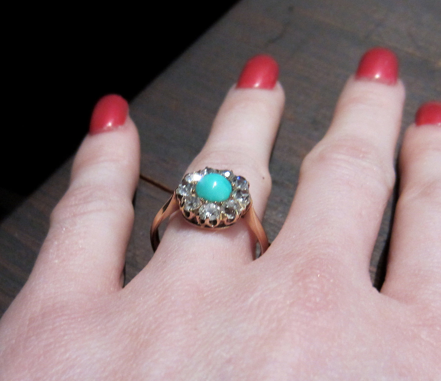 SOLD--Victorian Turquoise and Old Mine Diamond Cluster Ring 14k c. 1890