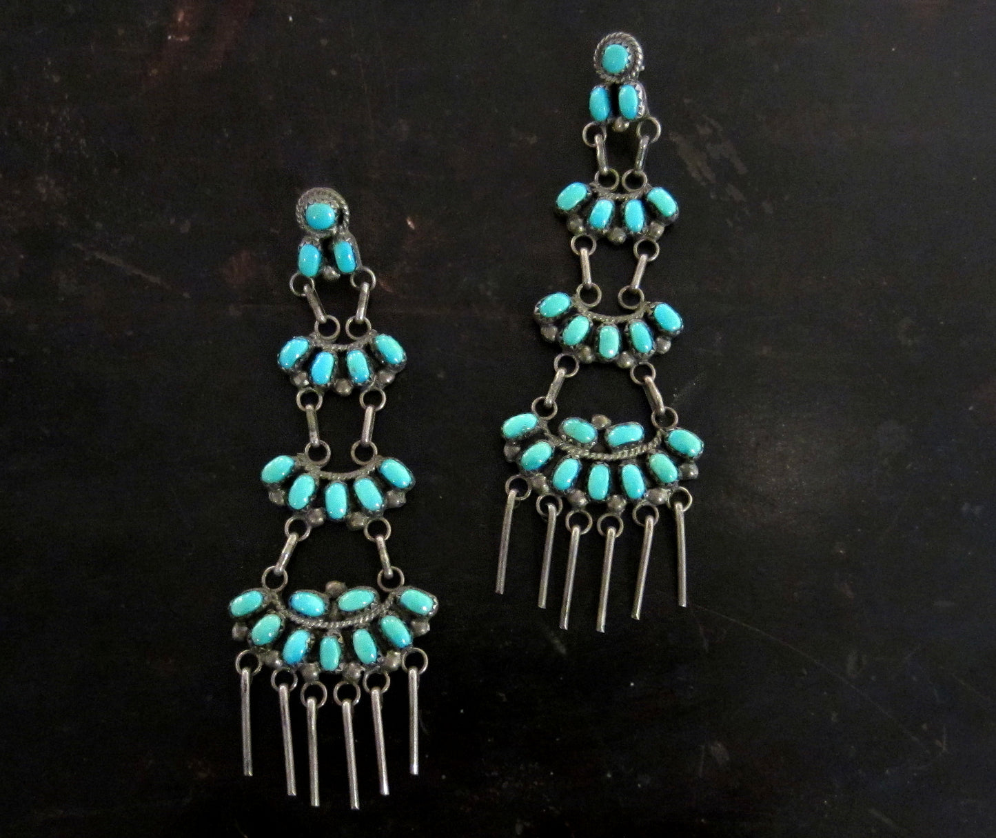 SOLD— Vintage Long Zuni Turquoise Earrings Sterling Silver c. 1940