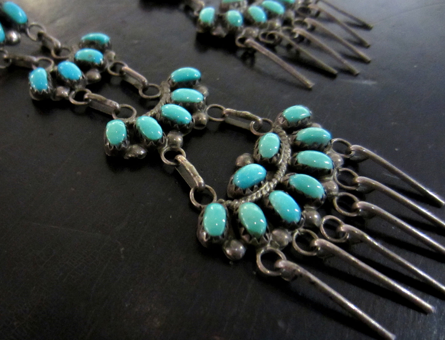 SOLD— Vintage Long Zuni Turquoise Earrings Sterling Silver c. 1940