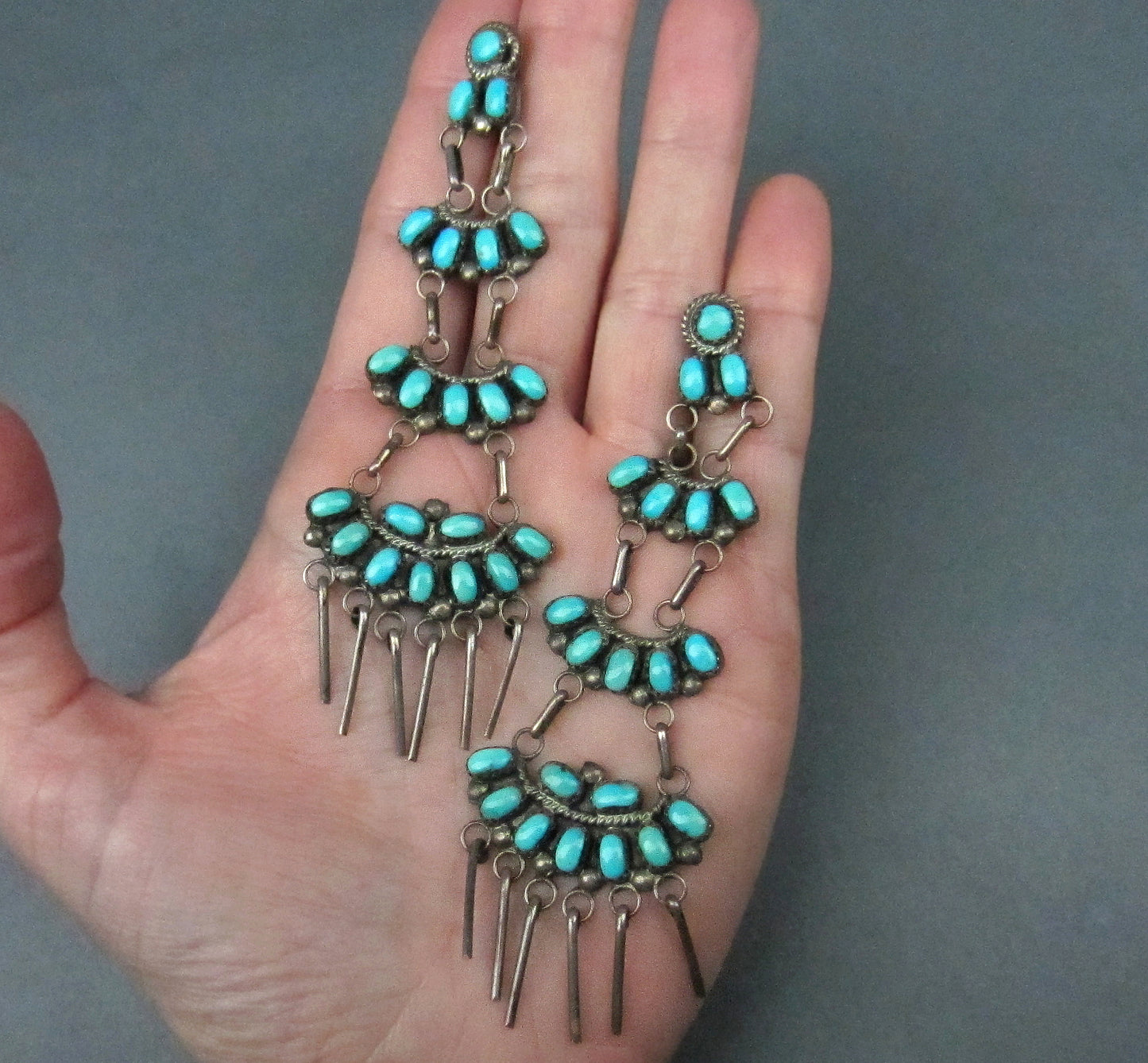 SOLD— Vintage Long Zuni Turquoise Earrings Sterling Silver c. 1940