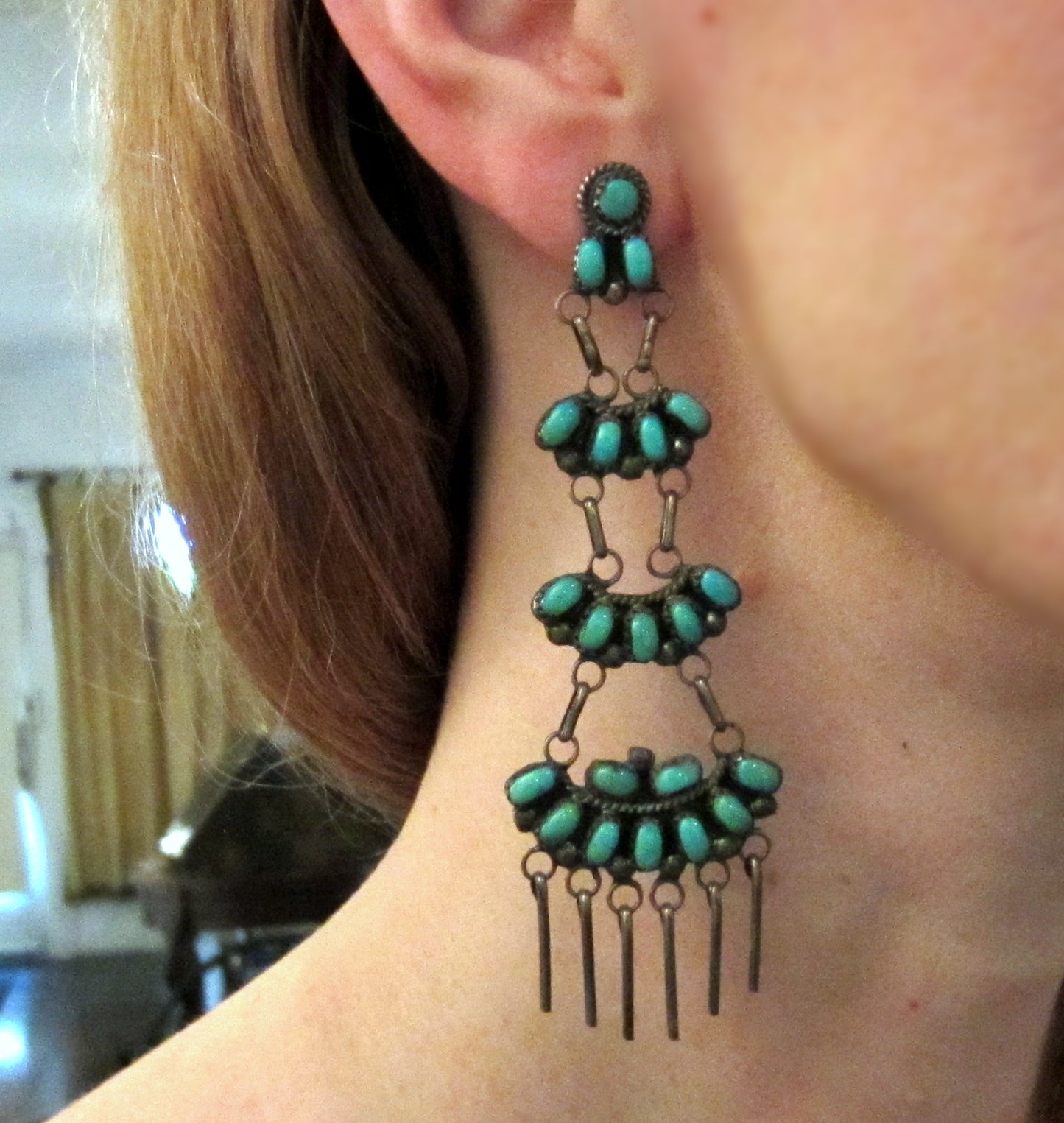 SOLD— Vintage Long Zuni Turquoise Earrings Sterling Silver c. 1940