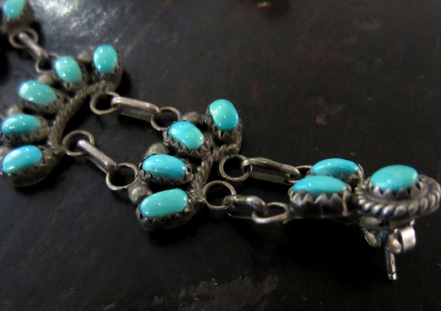 SOLD— Vintage Long Zuni Turquoise Earrings Sterling Silver c. 1940