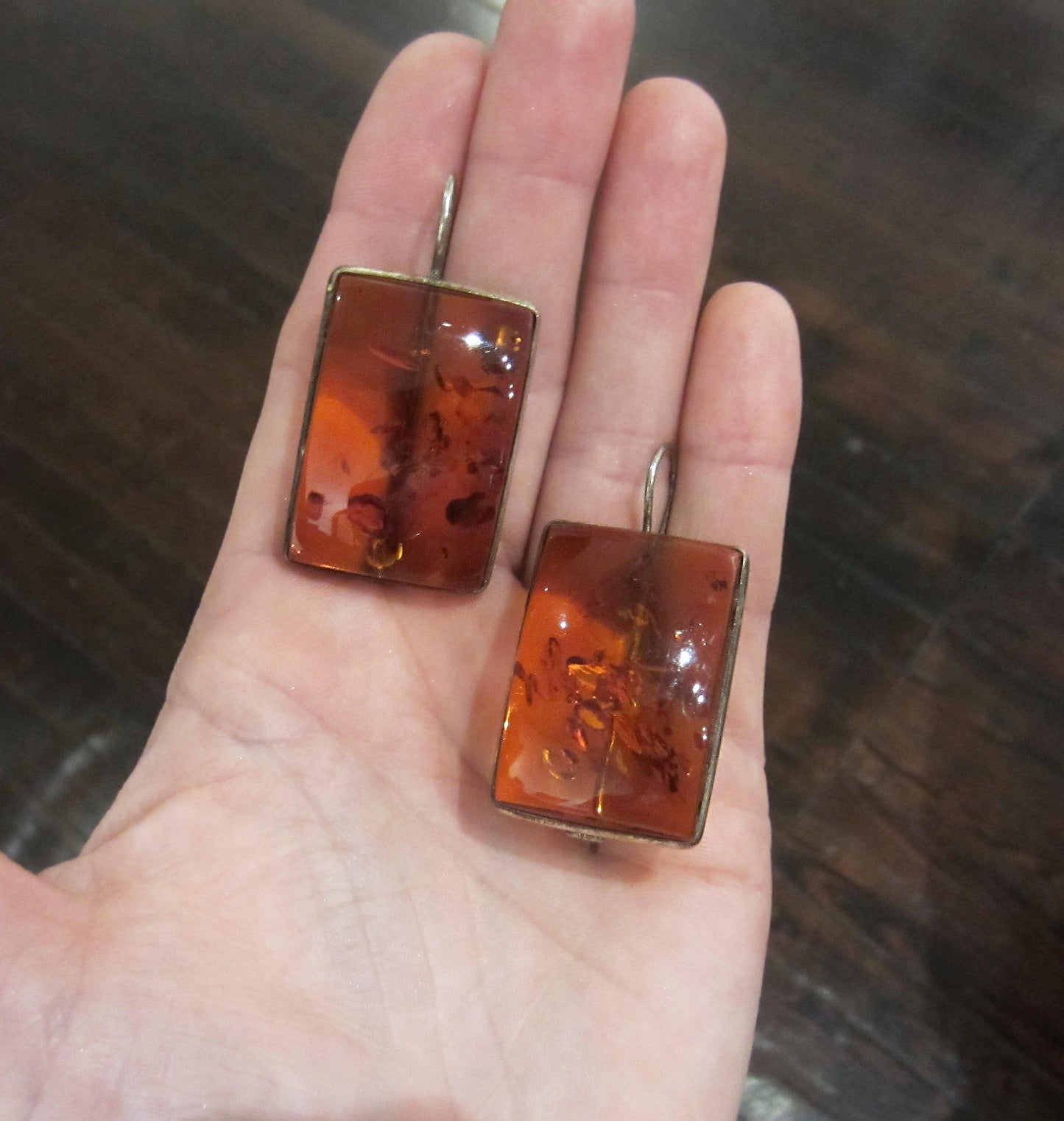 SOLD--Giant Modernist Amber Earrings Sterling c. 1970
