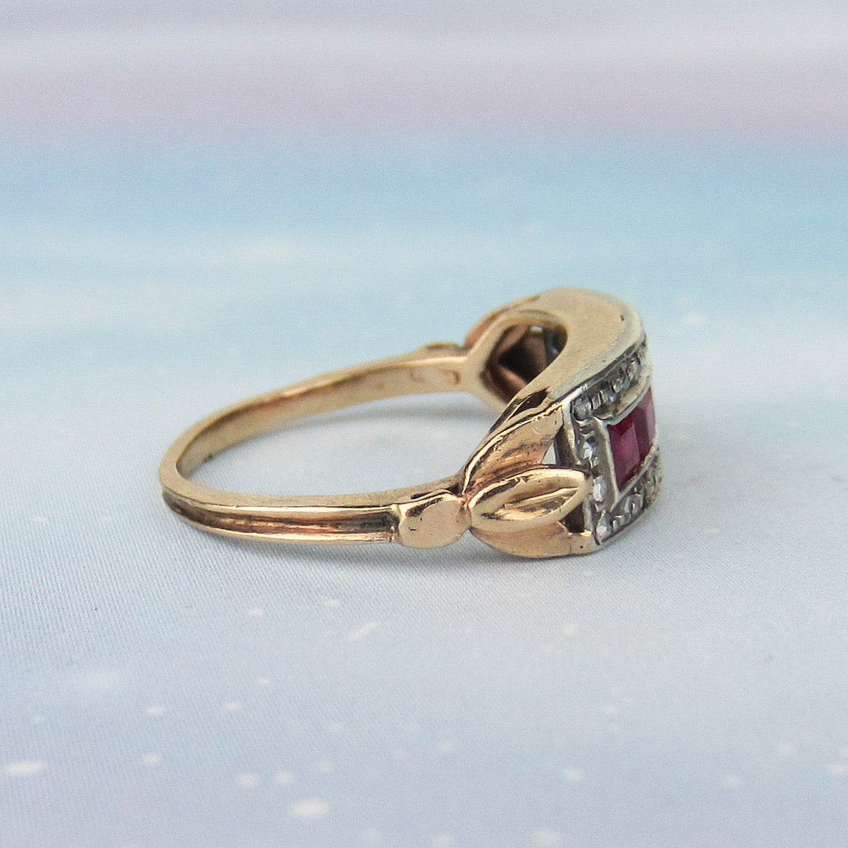 SOLD--Art Deco Square Cut Ruby and Rose Cut Diamond Ring Silver/14k c. 1940