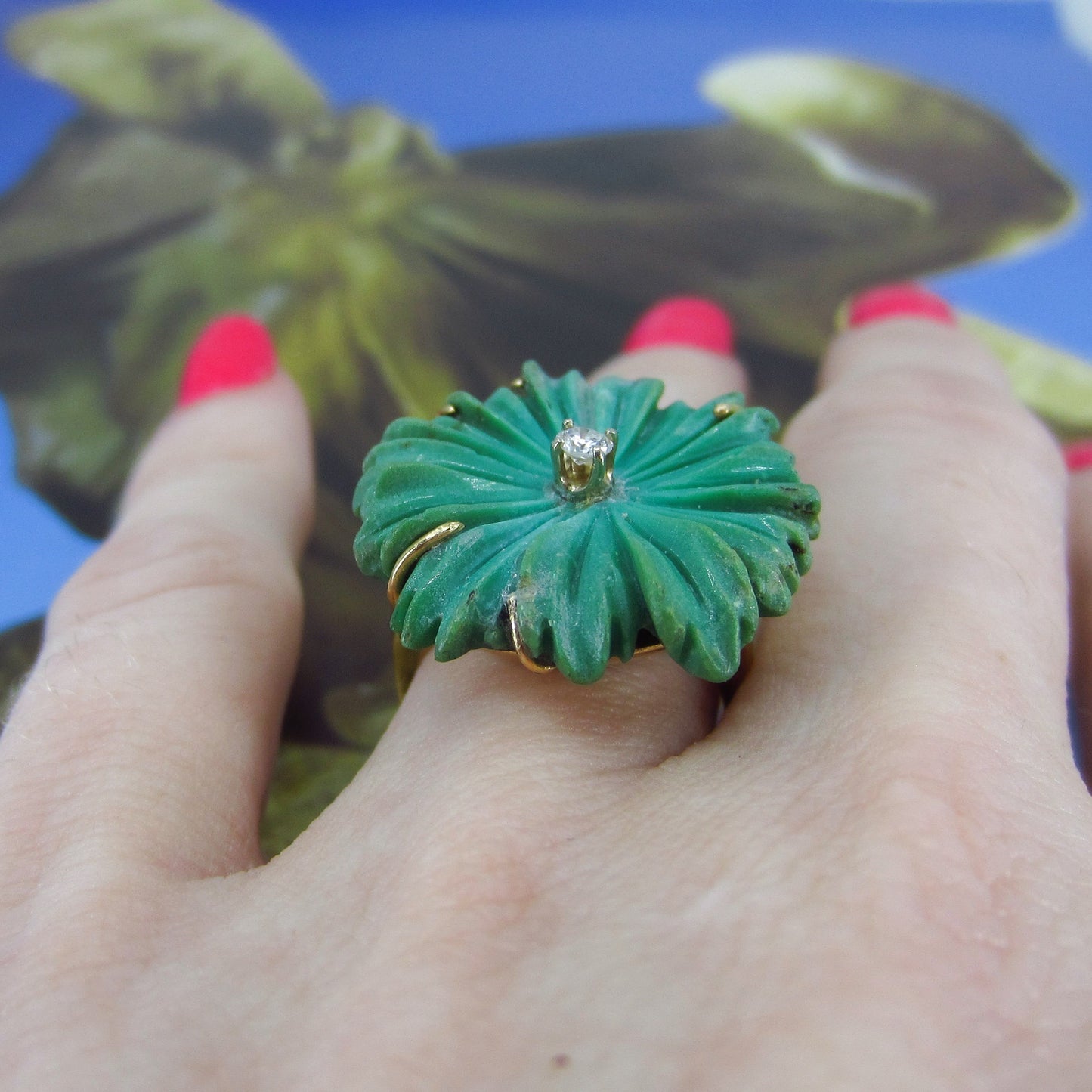 SOLD - Mid-Century Diamond and Carved Aventurine Ring 14k c. 1960