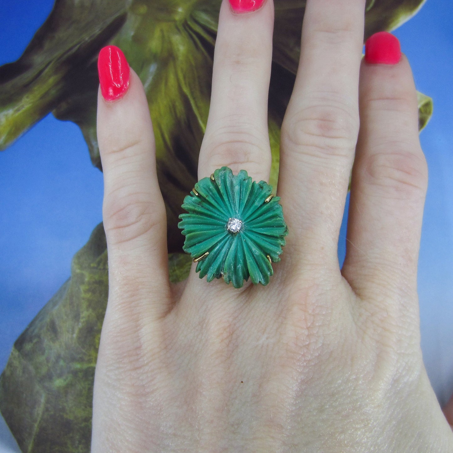 SOLD - Mid-Century Diamond and Carved Aventurine Ring 14k c. 1960