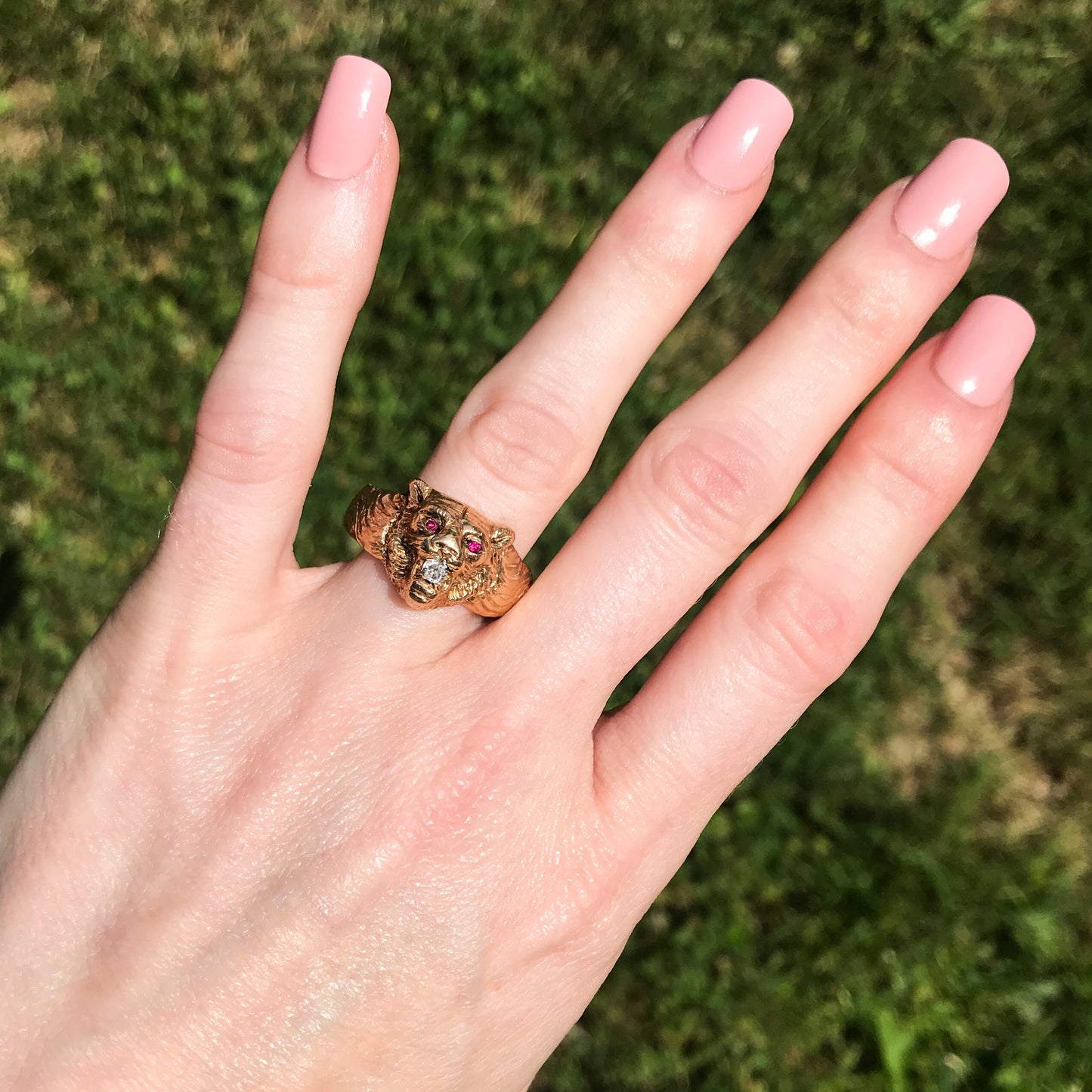 SOLD--Vintage Diamond and Ruby Lion Ring 14k c. 1940