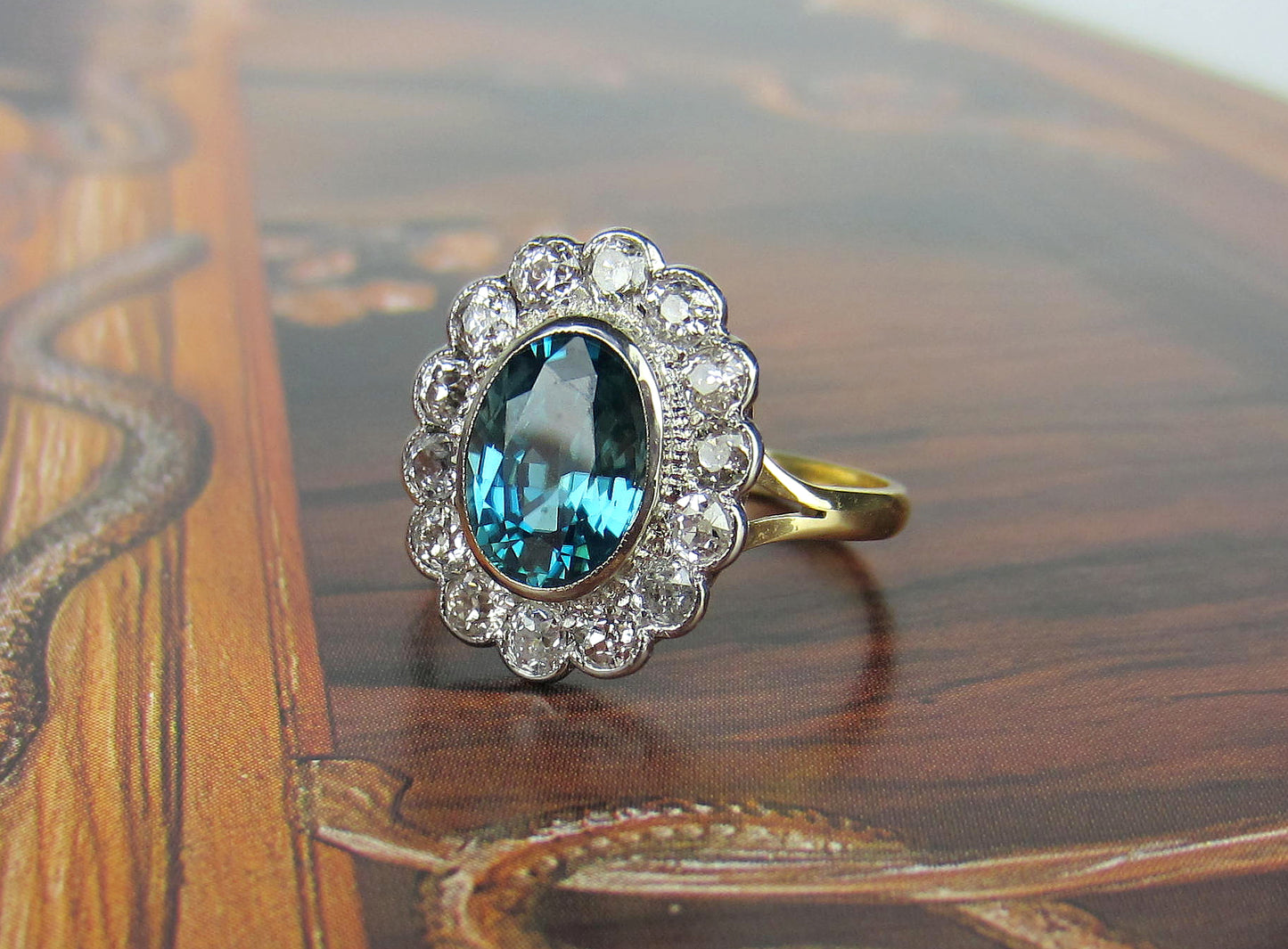 SOLD--Edwardian Blue Zircon and Old Mine Diamond Ring Platinum/18k c. 1910