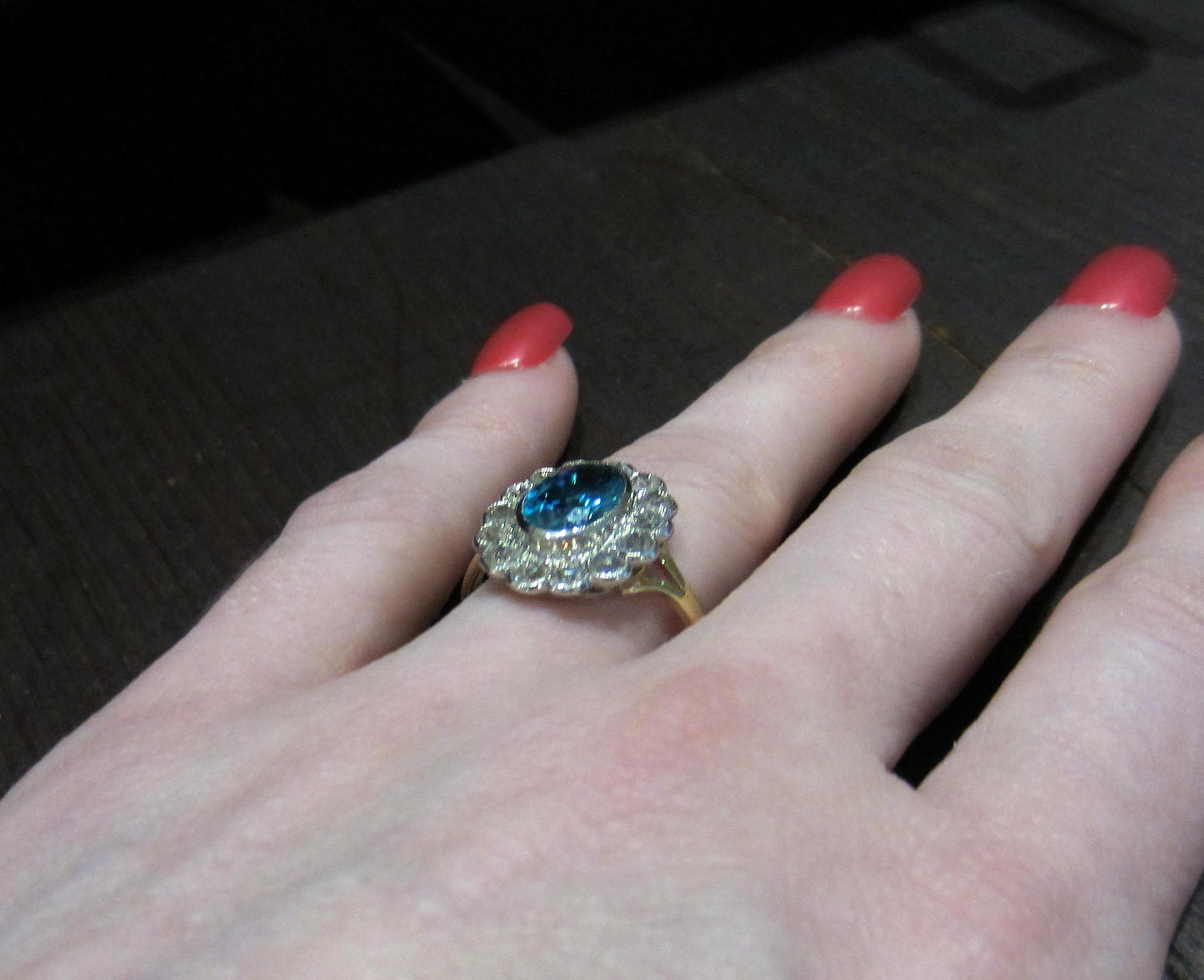 SOLD--Edwardian Blue Zircon and Old Mine Diamond Ring Platinum/18k c. 1910