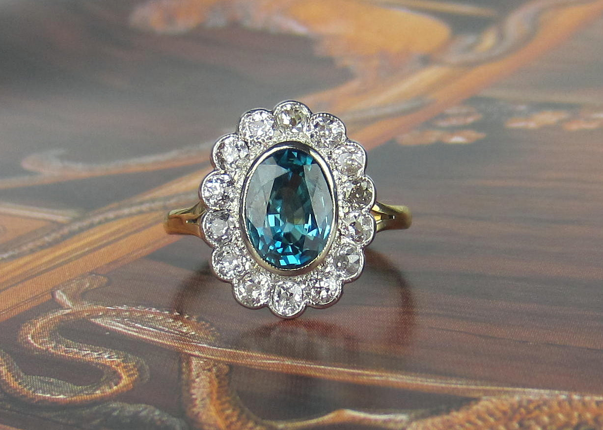 SOLD--Edwardian Blue Zircon and Old Mine Diamond Ring Platinum/18k c. 1910