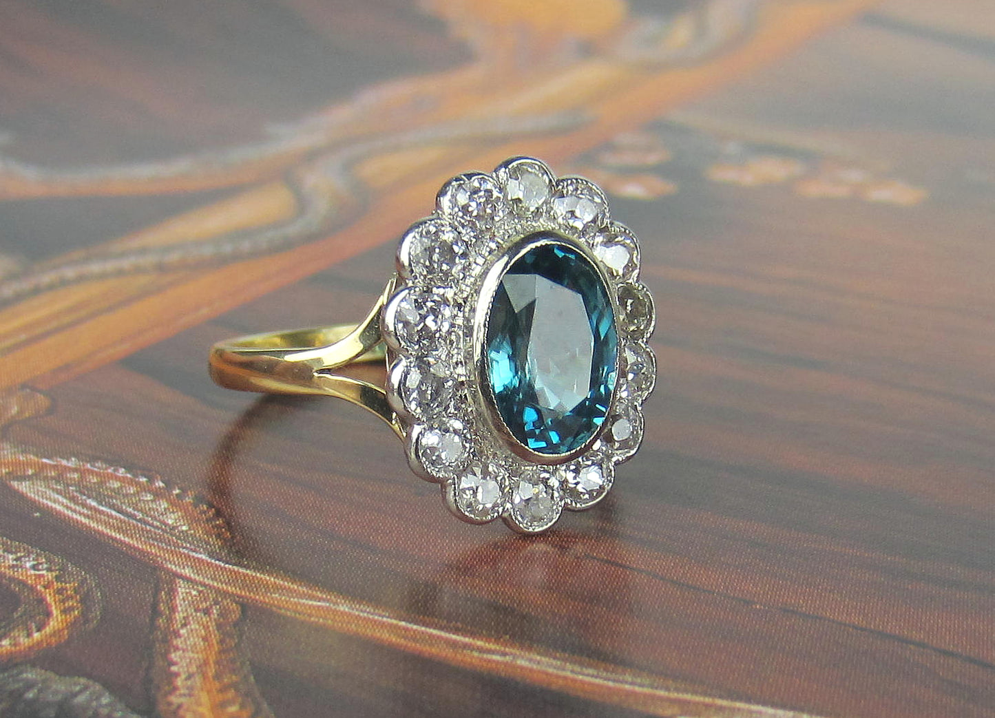 SOLD--Edwardian Blue Zircon and Old Mine Diamond Ring Platinum/18k c. 1910