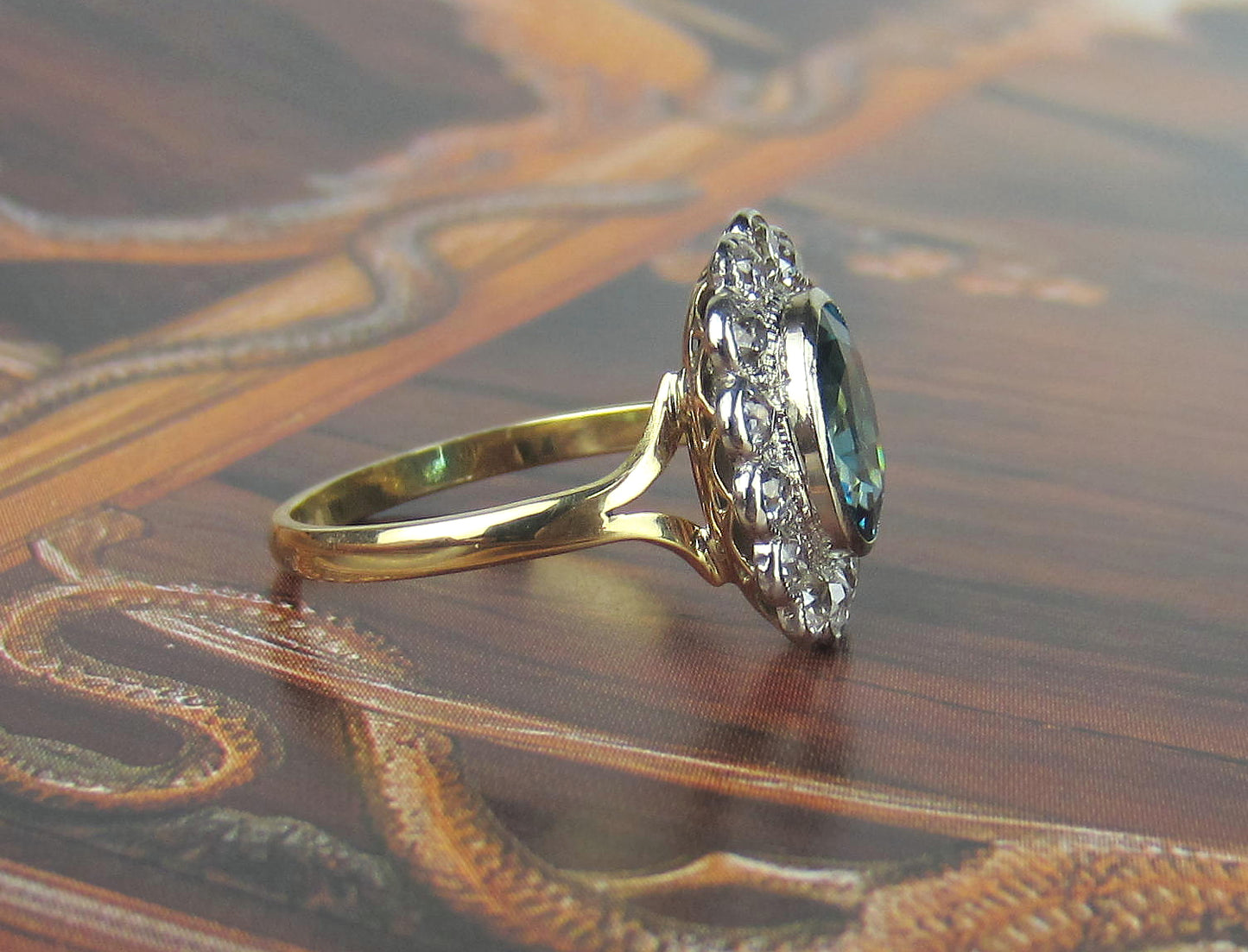 SOLD--Edwardian Blue Zircon and Old Mine Diamond Ring Platinum/18k c. 1910