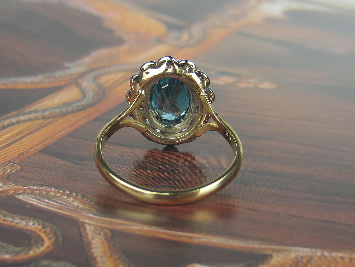 SOLD--Edwardian Blue Zircon and Old Mine Diamond Ring Platinum/18k c. 1910