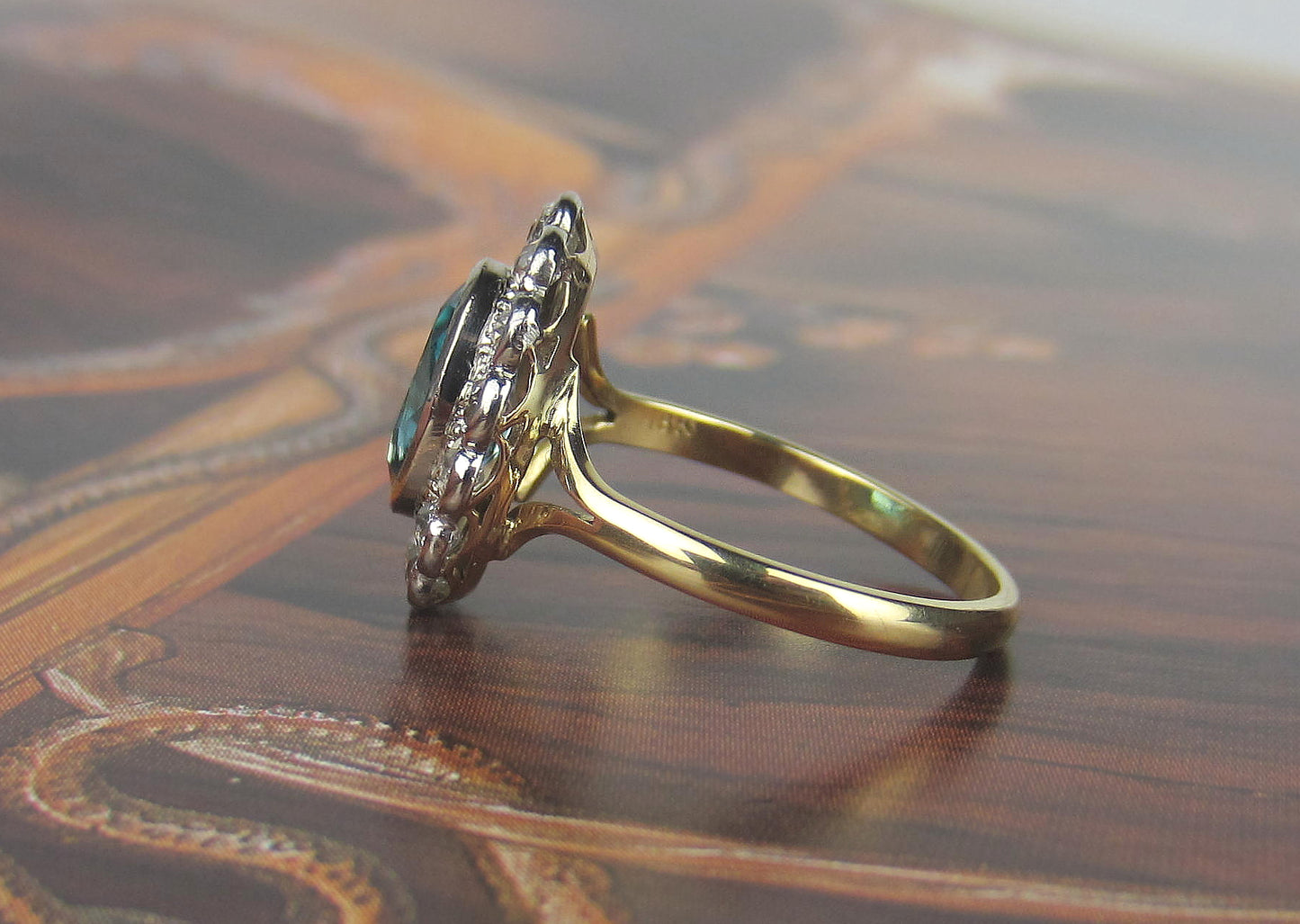 SOLD--Edwardian Blue Zircon and Old Mine Diamond Ring Platinum/18k c. 1910