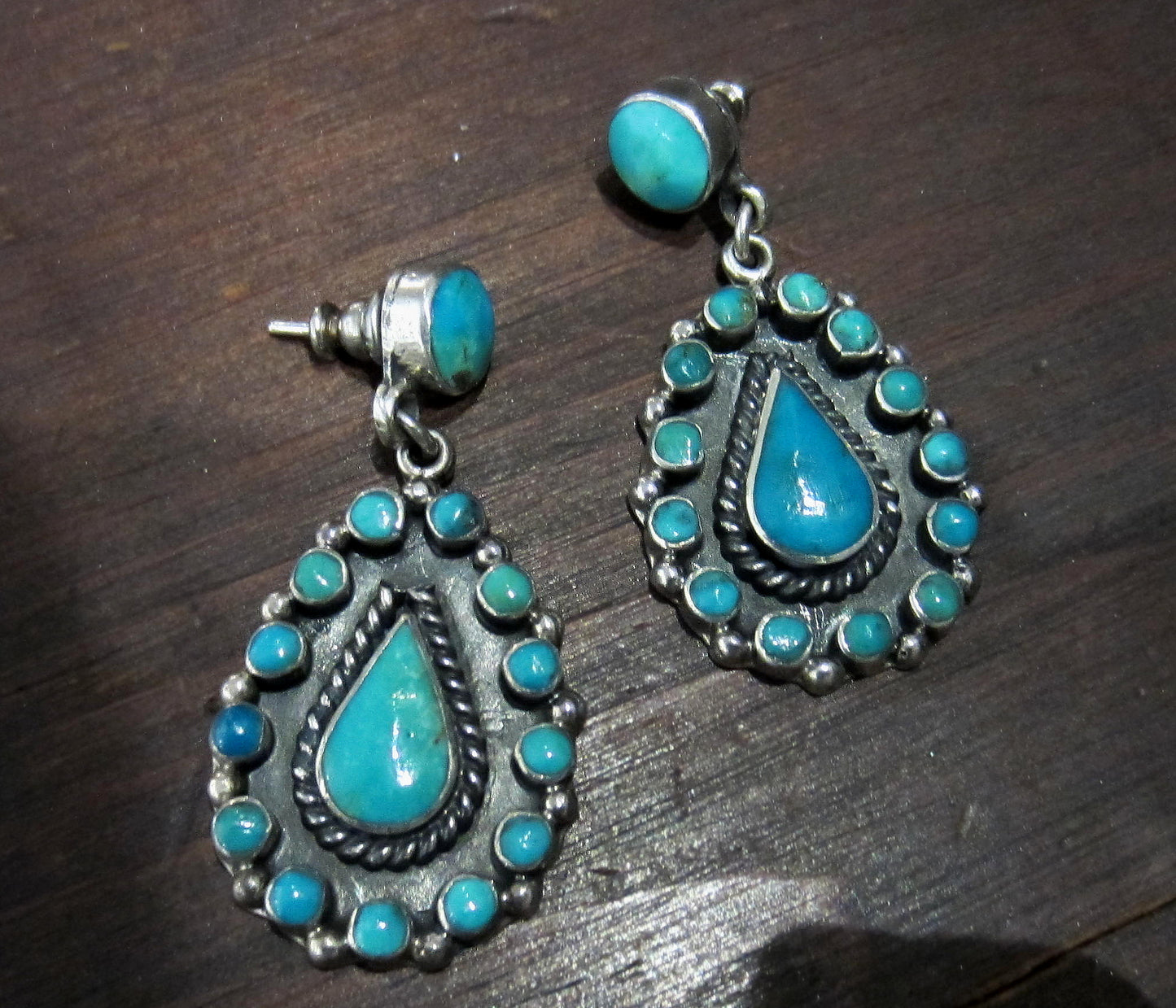 SOLD--Vintage Turquoise Teardrop Earrings Sterling by Federico Jimenez c. 1980